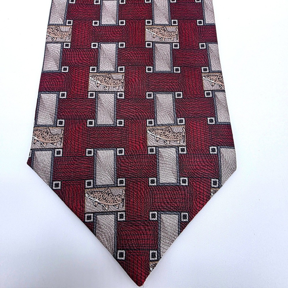 Johnson Brothers Mens Silk Tie Burgundy Trout Fish Geometric Made in USA 4 Inch